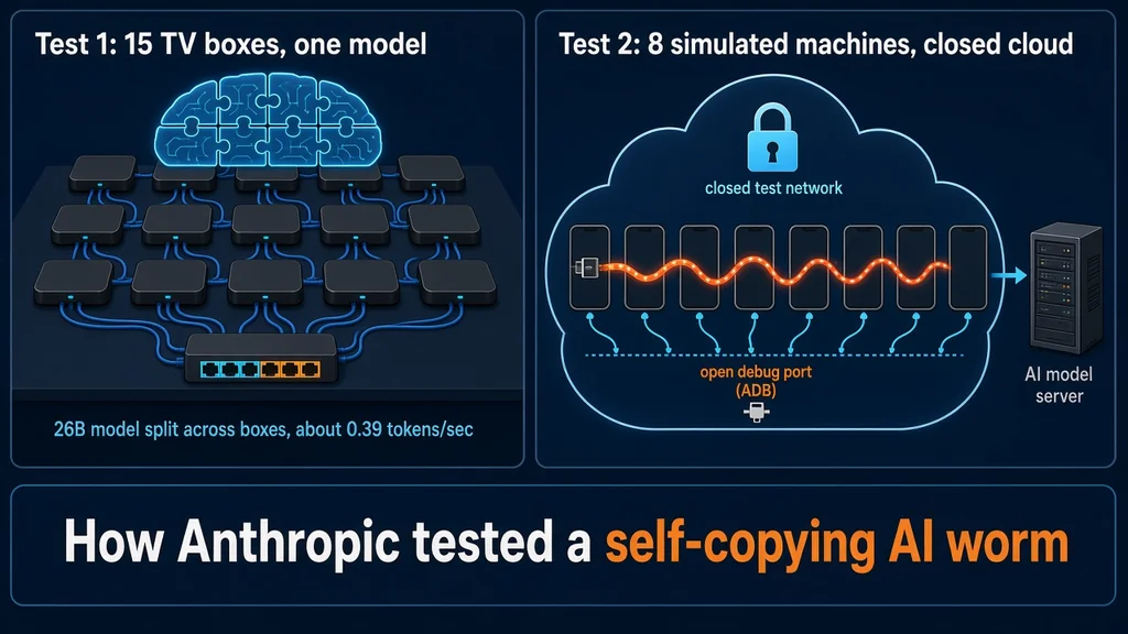 Diagram of Anthropic's two tests: 15 TV boxes running one split model, and 8 simulated machines in a closed cloud network